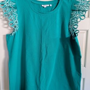 Chico's Green and White Flutter Sleeve Ruffled Blouse